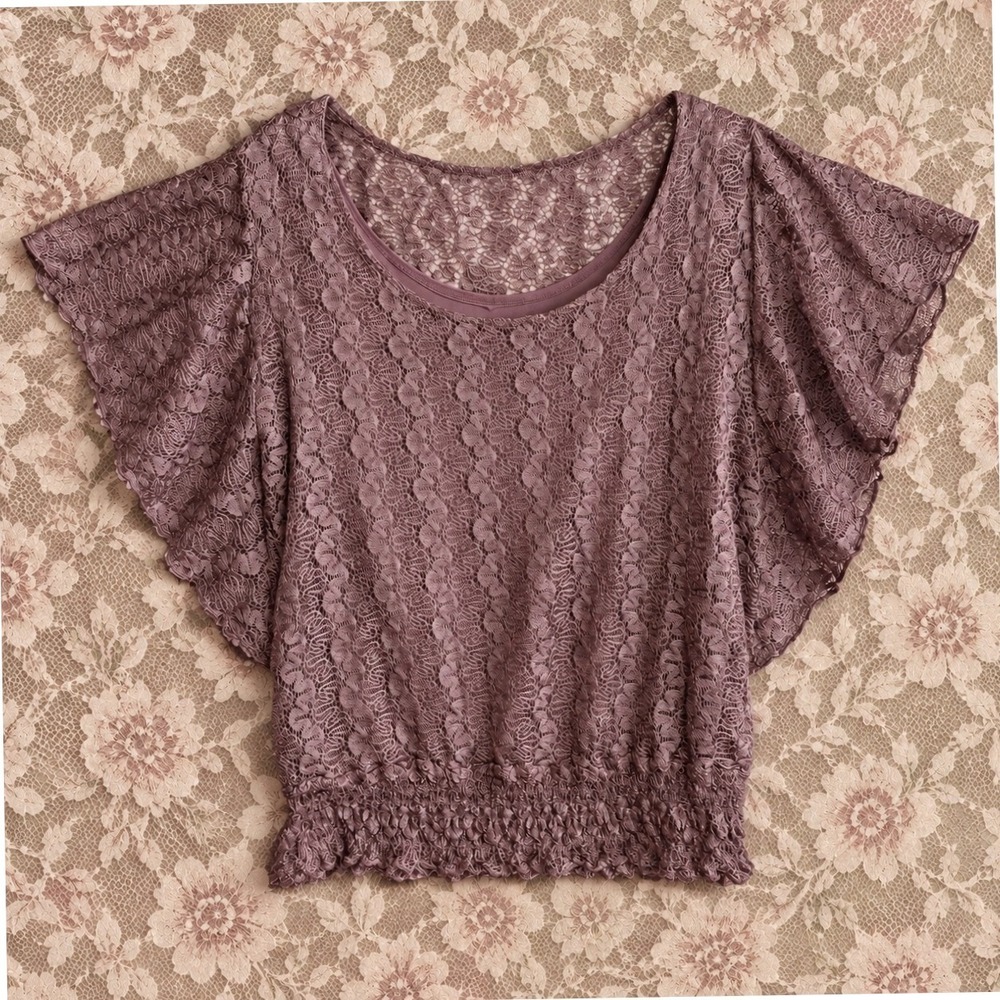 Lavish Mauve/Brown Lace Lined Flutter Sleeve Smocked Waist Top L Ethereal